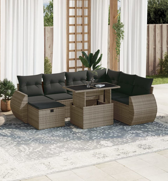 8-tlg. Garten-Sofagarnitur mit Kissen Grau Poly Rattan