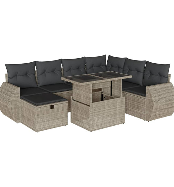 8-tlg. Garten-Sofagarnitur mit Kissen Hellgrau Poly Rattan