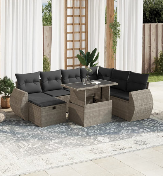 8-tlg. Garten-Sofagarnitur mit Kissen Hellgrau Poly Rattan