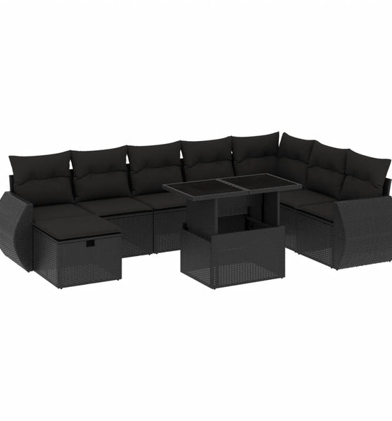 9-tlg. Garten-Sofagarnitur mit Kissen Schwarz Poly Rattan