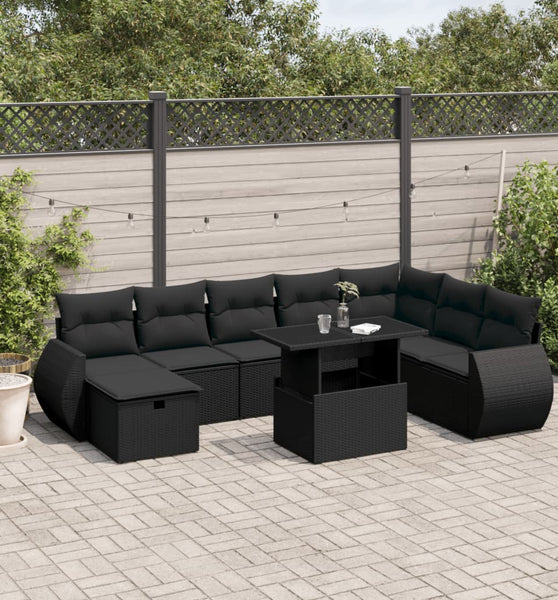9-tlg. Garten-Sofagarnitur mit Kissen Schwarz Poly Rattan