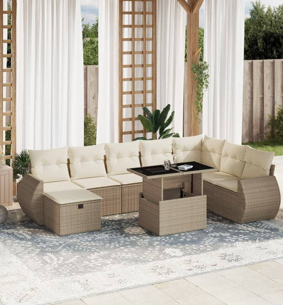 9-tlg. Garten-Sofagarnitur mit Kissen Beige Poly Rattan