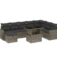 9-tlg. Garten-Sofagarnitur mit Kissen Grau Poly Rattan