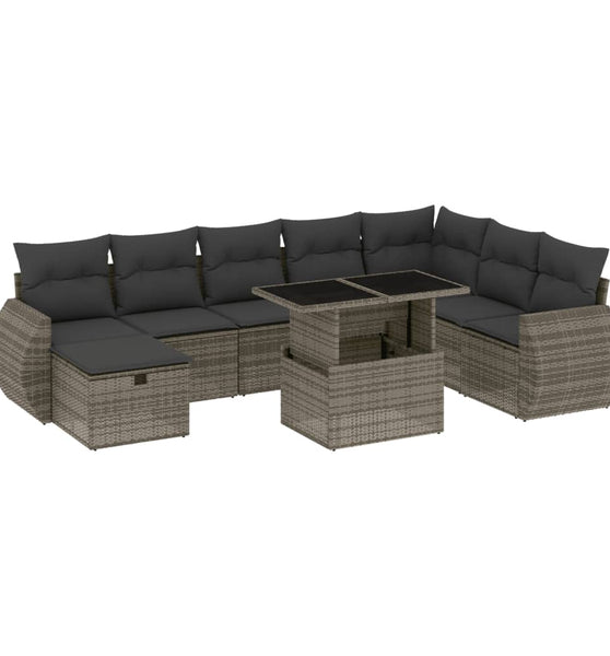 9-tlg. Garten-Sofagarnitur mit Kissen Grau Poly Rattan