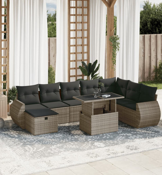 9-tlg. Garten-Sofagarnitur mit Kissen Grau Poly Rattan