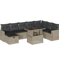 9-tlg. Garten-Sofagarnitur mit Kissen Hellgrau Poly Rattan