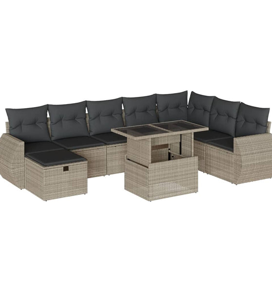 9-tlg. Garten-Sofagarnitur mit Kissen Hellgrau Poly Rattan