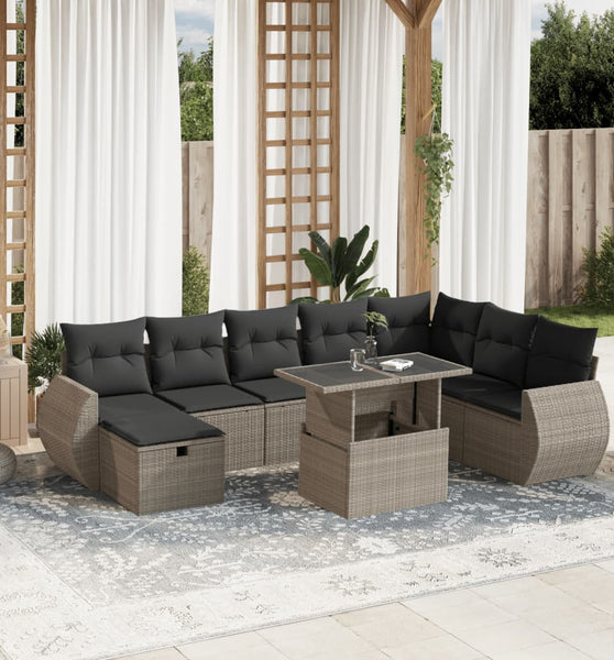 9-tlg. Garten-Sofagarnitur mit Kissen Hellgrau Poly Rattan