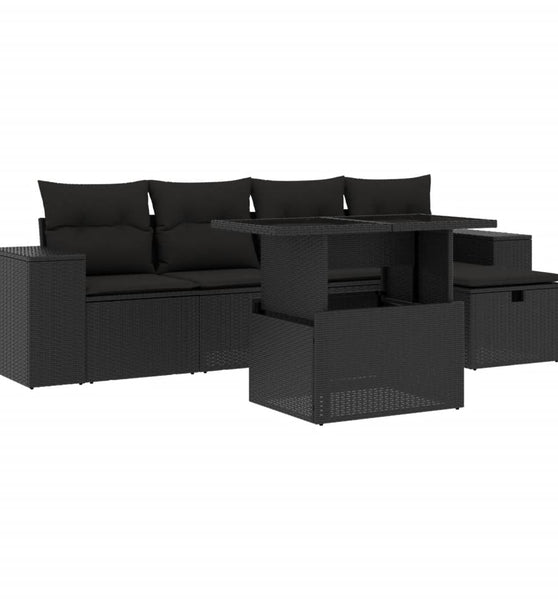 6-tlg. Garten-Sofagarnitur mit Kissen Schwarz Poly Rattan