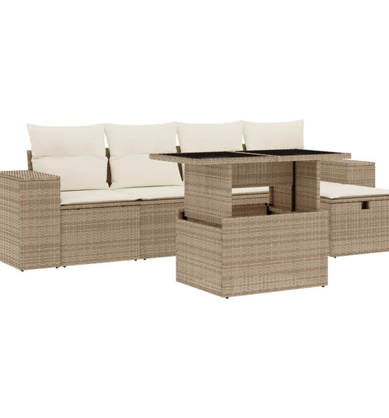 6-tlg. Garten-Sofagarnitur mit Kissen Beige Poly Rattan