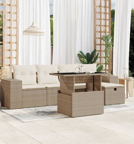 6-tlg. Garten-Sofagarnitur mit Kissen Beige Poly Rattan