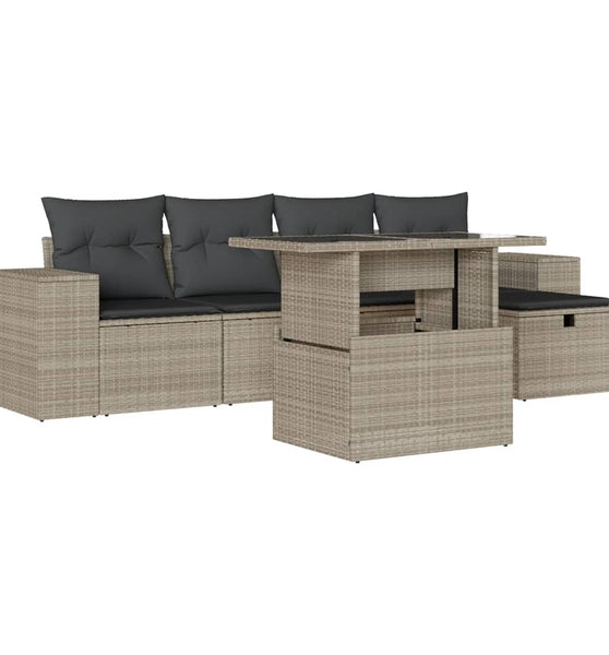 6-tlg. Garten-Sofagarnitur mit Kissen Hellgrau Poly Rattan