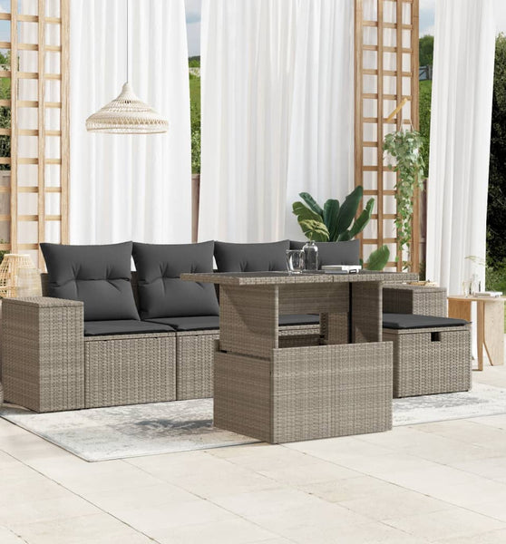 6-tlg. Garten-Sofagarnitur mit Kissen Hellgrau Poly Rattan