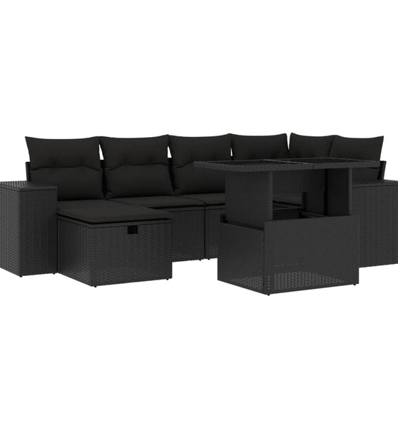 7-tlg. Garten-Sofagarnitur mit Kissen Schwarz Poly Rattan