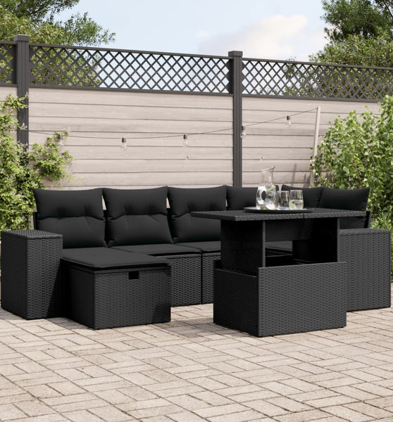 7-tlg. Garten-Sofagarnitur mit Kissen Schwarz Poly Rattan