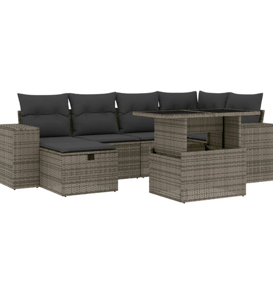 7-tlg. Garten-Sofagarnitur mit Kissen Grau Poly Rattan