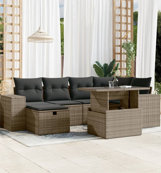7-tlg. Garten-Sofagarnitur mit Kissen Grau Poly Rattan