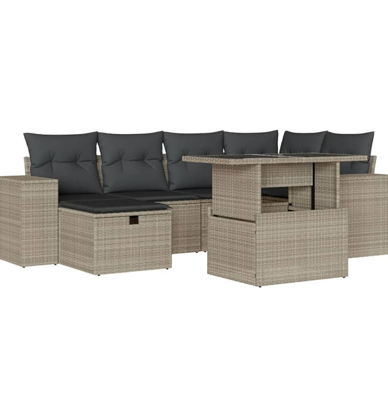 7-tlg. Garten-Sofagarnitur mit Kissen Hellgrau Poly Rattan