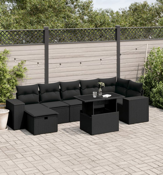 8-tlg. Garten-Sofagarnitur mit Kissen Schwarz Poly Rattan