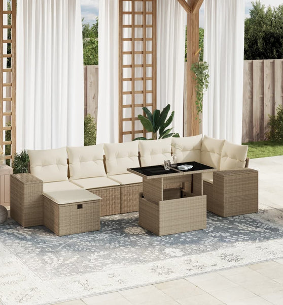 8-tlg. Garten-Sofagarnitur mit Kissen Beige Poly Rattan