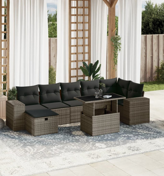 8-tlg. Garten-Sofagarnitur mit Kissen Grau Poly Rattan