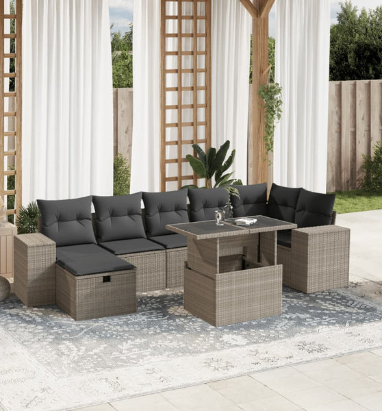 8-tlg. Garten-Sofagarnitur mit Kissen Hellgrau Poly Rattan