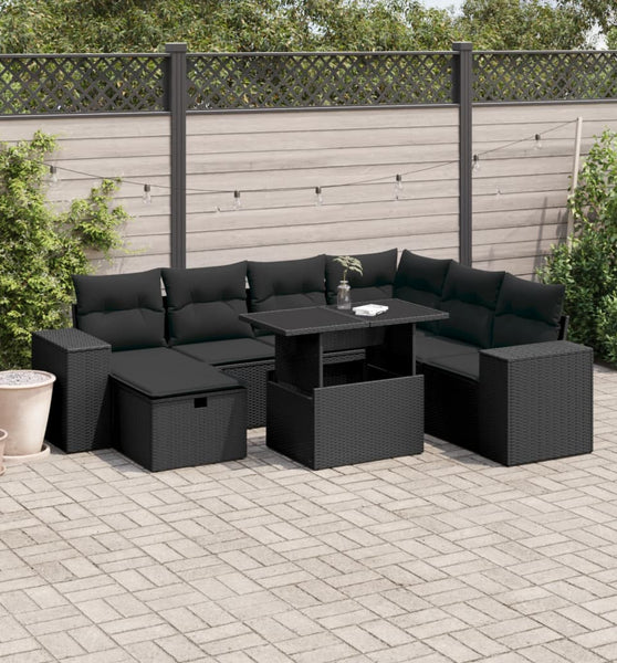 8-tlg. Garten-Sofagarnitur mit Kissen Schwarz Poly Rattan