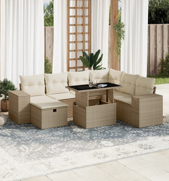 8-tlg. Garten-Sofagarnitur mit Kissen Beige Poly Rattan