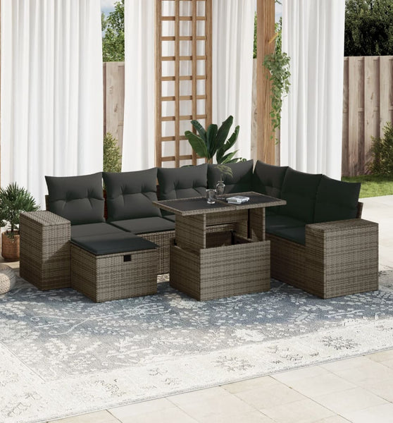 8-tlg. Garten-Sofagarnitur mit Kissen Grau Poly Rattan