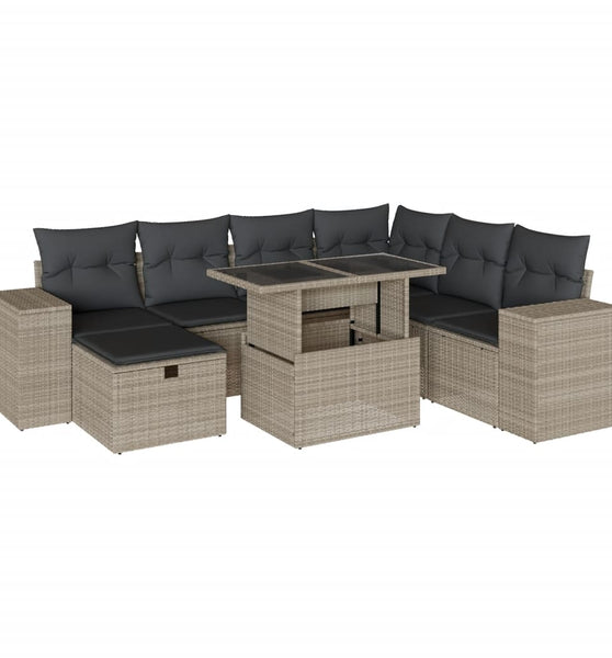 8-tlg. Garten-Sofagarnitur mit Kissen Hellgrau Poly Rattan