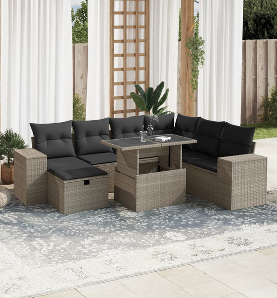 8-tlg. Garten-Sofagarnitur mit Kissen Hellgrau Poly Rattan