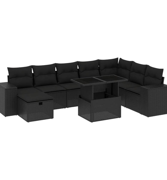 9-tlg. Garten-Sofagarnitur mit Kissen Schwarz Poly Rattan