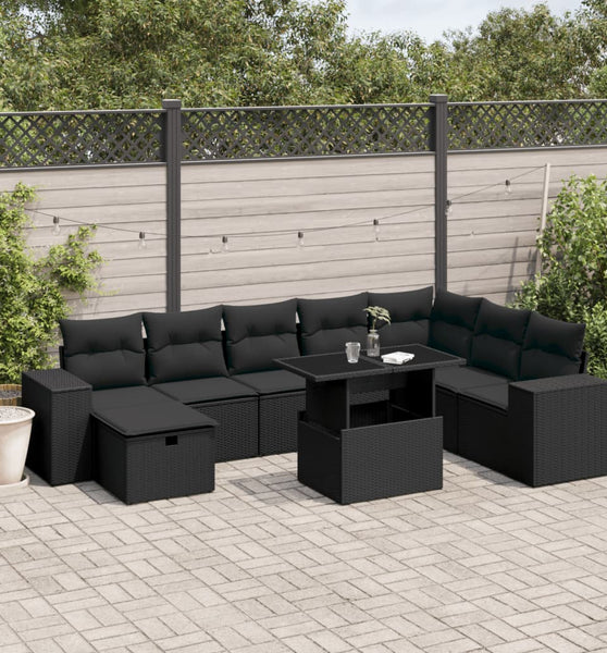 9-tlg. Garten-Sofagarnitur mit Kissen Schwarz Poly Rattan