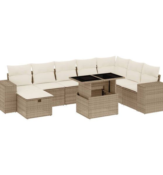 9-tlg. Garten-Sofagarnitur mit Kissen Beige Poly Rattan