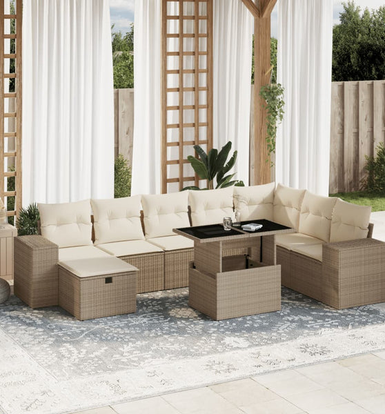 9-tlg. Garten-Sofagarnitur mit Kissen Beige Poly Rattan