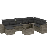 9-tlg. Garten-Sofagarnitur mit Kissen Grau Poly Rattan