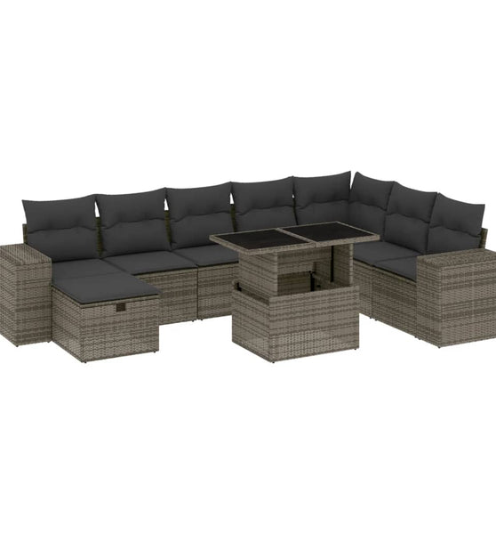 9-tlg. Garten-Sofagarnitur mit Kissen Grau Poly Rattan