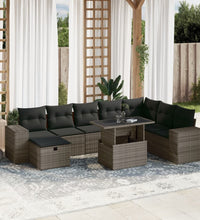 9-tlg. Garten-Sofagarnitur mit Kissen Grau Poly Rattan