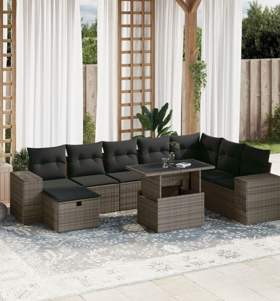 9-tlg. Garten-Sofagarnitur mit Kissen Grau Poly Rattan