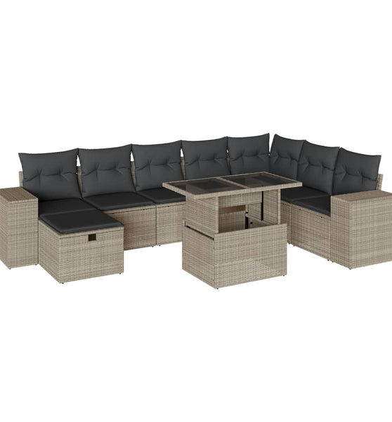 9-tlg. Garten-Sofagarnitur mit Kissen Hellgrau Poly Rattan