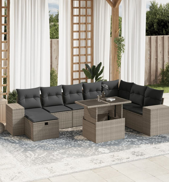 9-tlg. Garten-Sofagarnitur mit Kissen Hellgrau Poly Rattan