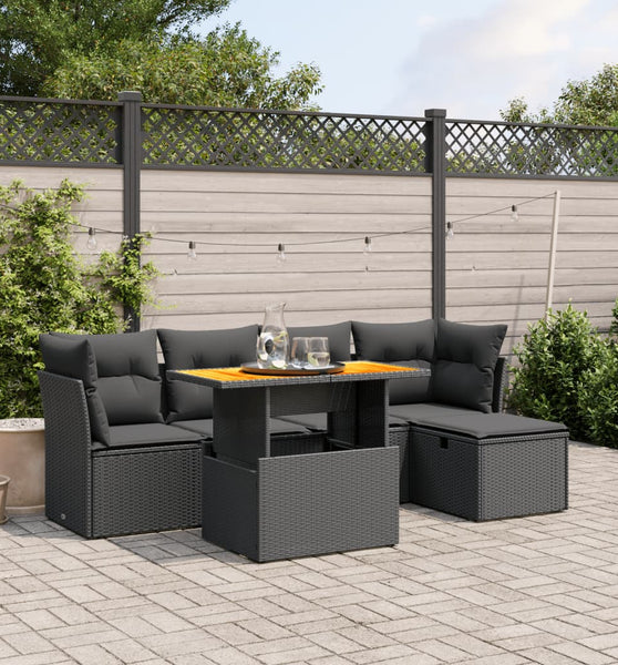 6-tlg. Garten-Sofagarnitur mit Kissen Schwarz Poly Rattan
