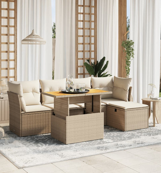 6-tlg. Garten-Sofagarnitur mit Kissen Beige Poly Rattan