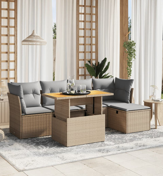 6-tlg. Garten-Sofagarnitur mit Kissen Beige Poly Rattan