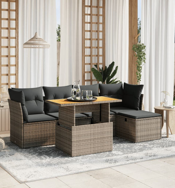 6-tlg. Garten-Sofagarnitur mit Kissen Grau Poly Rattan