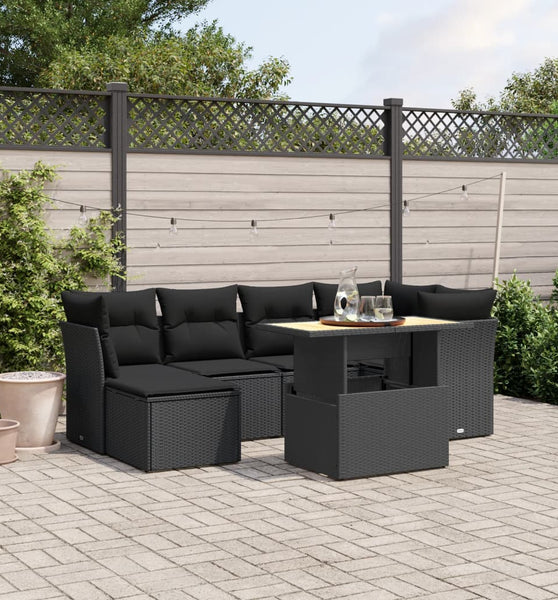 7-tlg. Garten-Sofagarnitur mit Kissen Schwarz Poly Rattan