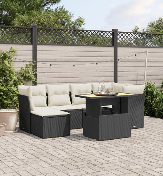 7-tlg. Garten-Sofagarnitur mit Kissen Schwarz Poly Rattan