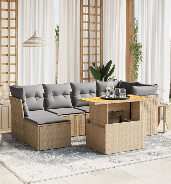 7-tlg. Garten-Sofagarnitur mit Kissen Beige Poly Rattan