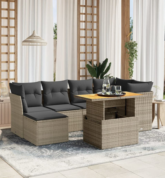 7-tlg. Garten-Sofagarnitur mit Kissen Grau Poly Rattan
