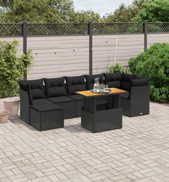 8-tlg. Garten-Sofagarnitur mit Kissen Schwarz Poly Rattan